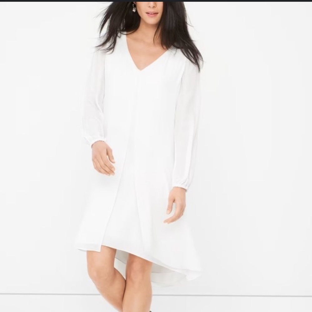 White House Black Market White V-Neck Bishop Sleeve Dress